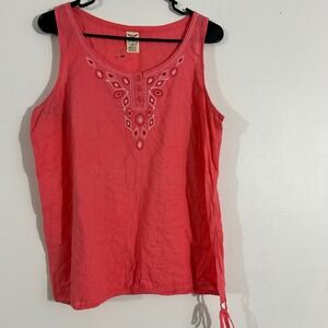 Faded Glory Tank Top Women L (12-14) Coral Embroidered Sleeveless Casual Blouse